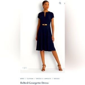 Ralph Lauren Belted Georgette Dress with Plunge Neckline